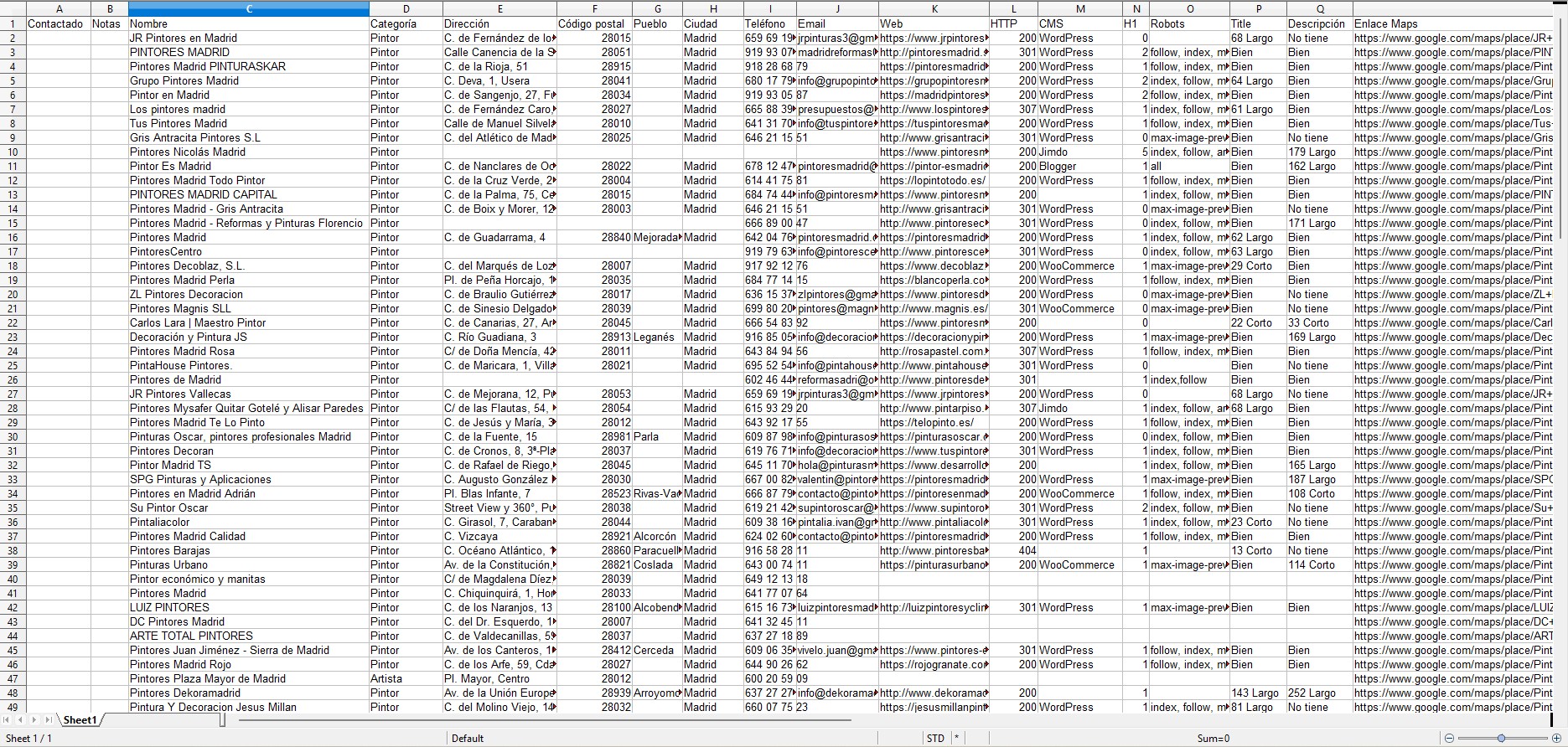 Screenshot: results in Excel