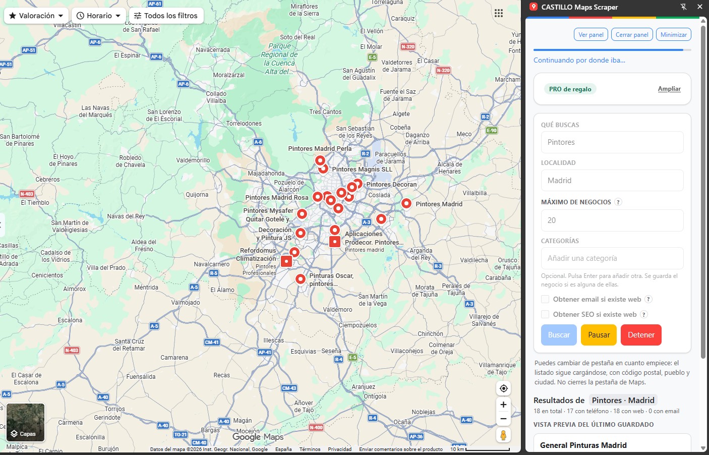 Screenshot of the panel on Google Maps